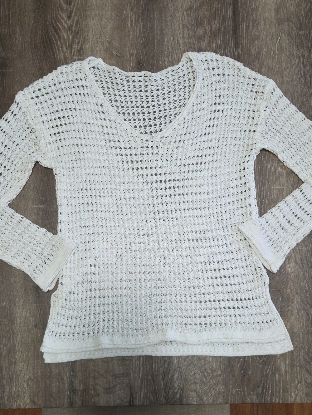 Lightweight Open-Knit V-Neck Tunic Sweater  White Crochet Cover Up Boho Top S/M